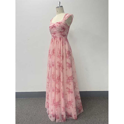 Floral Long Prom Dress Square Neck Pink Bridesmaid Dress Chiffon A Line Dress