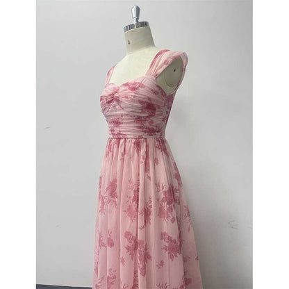 Floral Long Prom Dress Square Neck Pink Bridesmaid Dress Chiffon A Line Dress