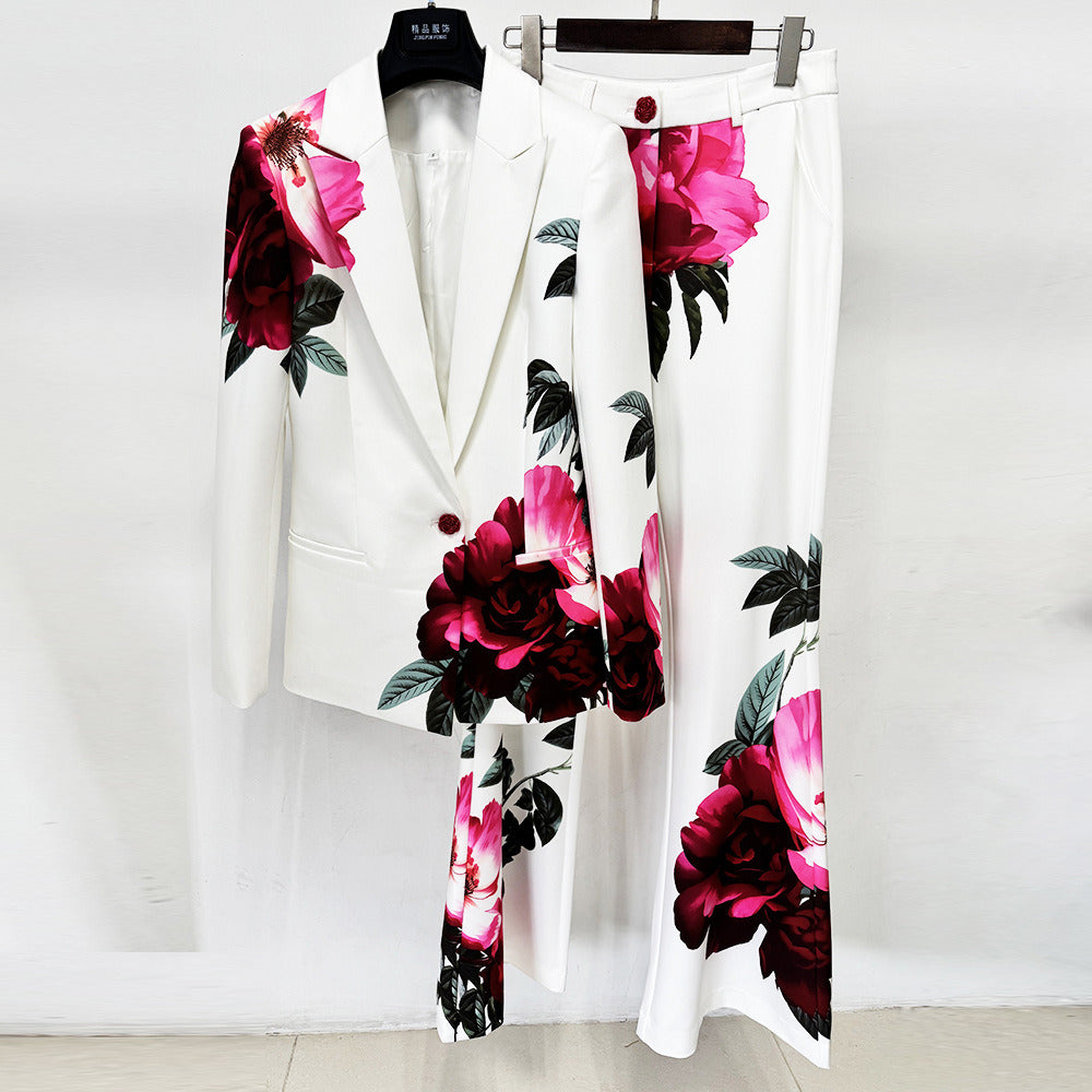 Floral Print Blazer Set | Elegant Suit with Bell Bottom Pants for Evening Party & Wedding Guest