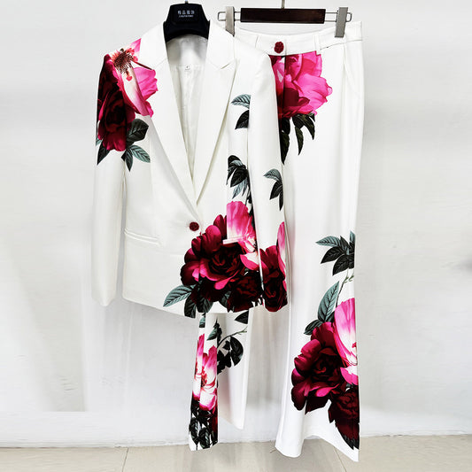 Floral Print Blazer Set | Elegant Suit with Bell Bottom Pants for Evening Party & Wedding Guest