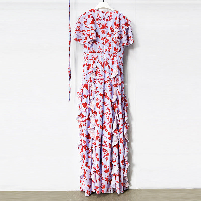 Floral Ruffle Maxi Dress – Women’s V-Neck Tie Waist Chiffon Gown