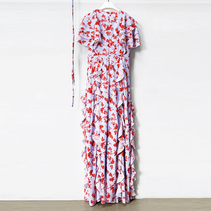 Floral Ruffle Maxi Dress – Women’s V-Neck Tie Waist Chiffon Gown