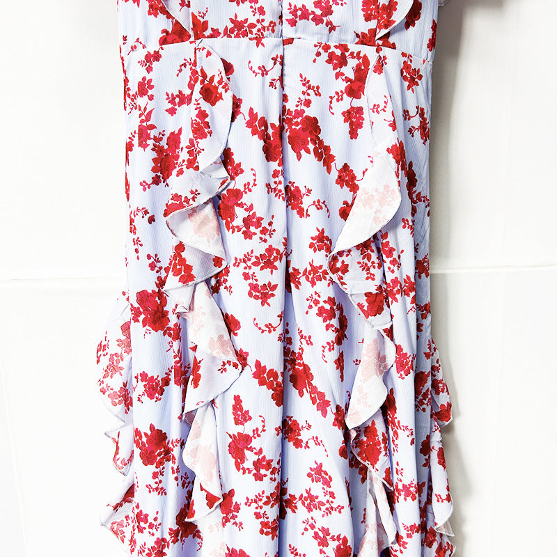 Floral Ruffle Maxi Dress – Women’s V-Neck Tie Waist Chiffon Gown