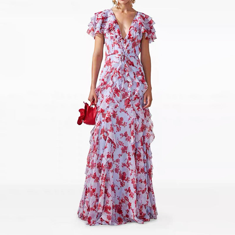 Women's light blue and red floral ruffle maxi dress with V-neck and tie waist