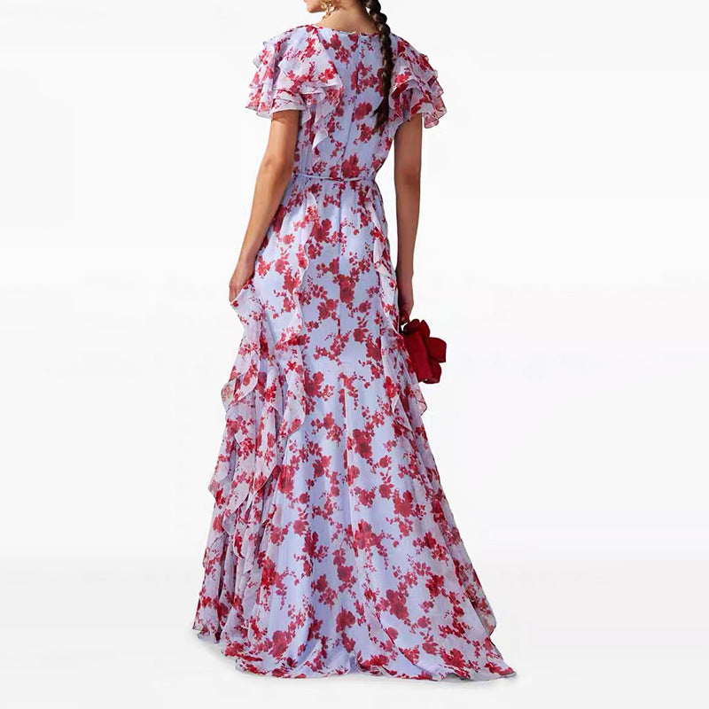 Floral Ruffle Maxi Dress – Women’s V-Neck Tie Waist Chiffon Gown