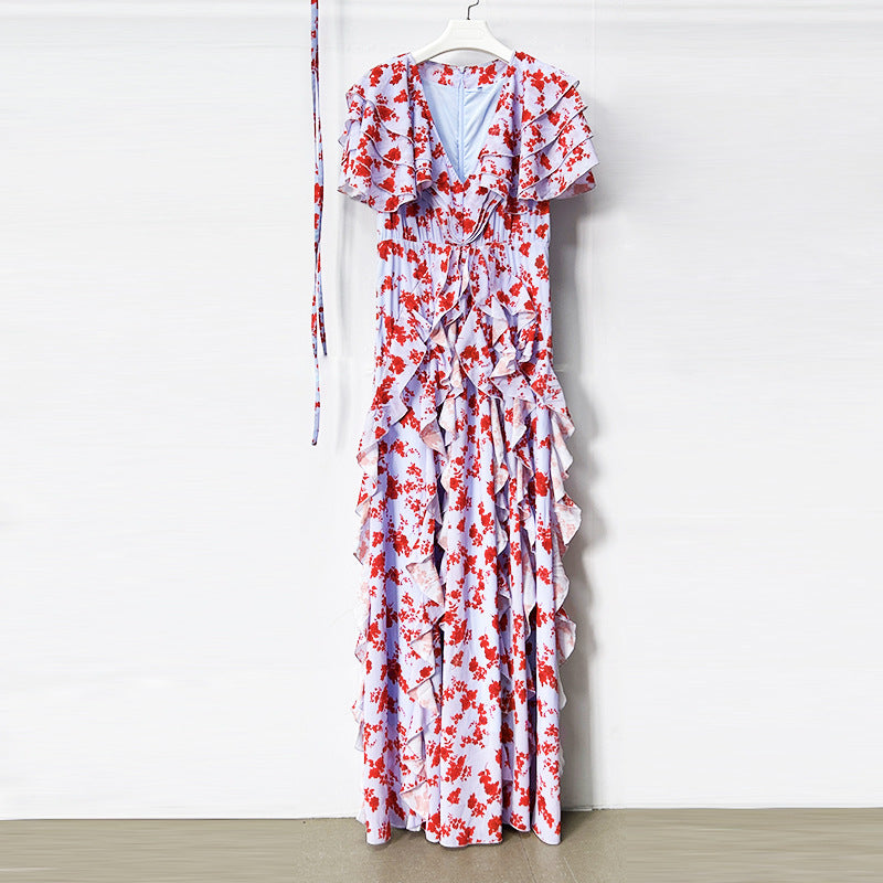 Floral Ruffle Maxi Dress – Women’s V-Neck Tie Waist Chiffon Gown