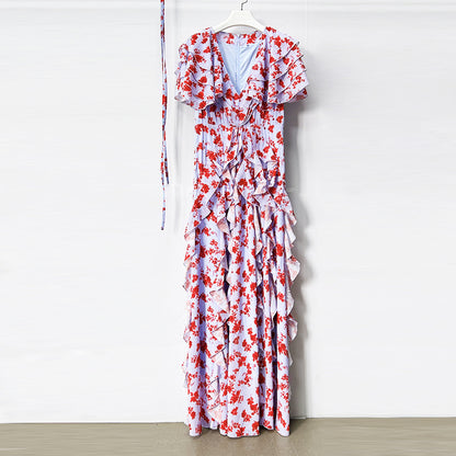Floral Ruffle Maxi Dress – Women’s V-Neck Tie Waist Chiffon Gown