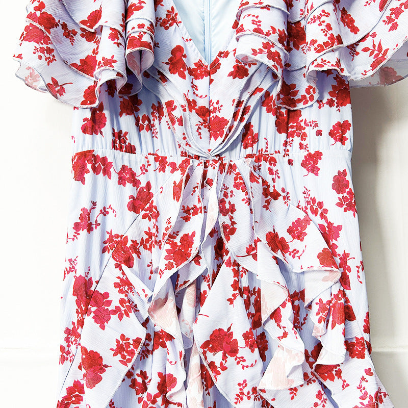 Floral Ruffle Maxi Dress – Women’s V-Neck Tie Waist Chiffon Gown