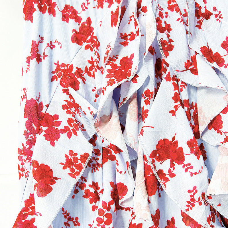 Floral Ruffle Maxi Dress – Women’s V-Neck Tie Waist Chiffon Gown