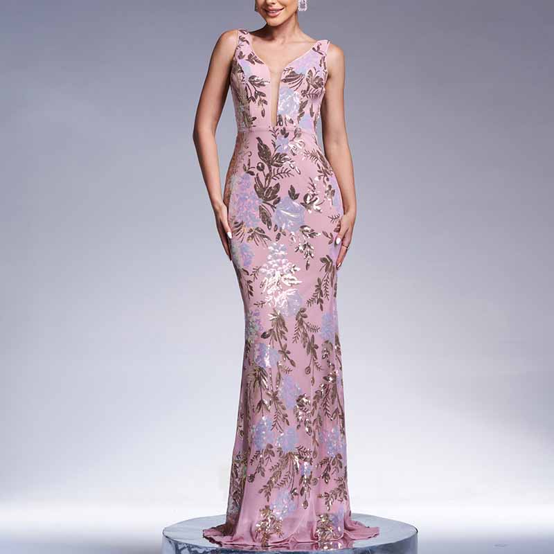 Floral Sequin V-Neck Gown Mermaid Long Prom Ball Gown Evening Dress