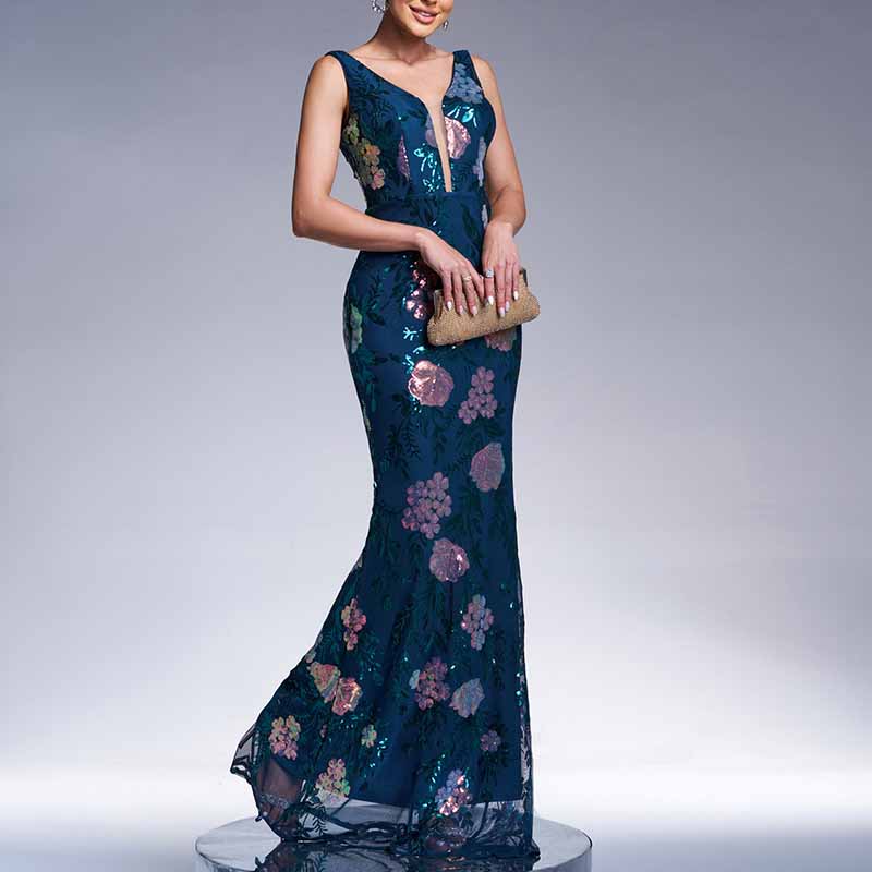 Floral Sequin V-Neck Gown Mermaid Long Prom Ball Gown Evening Dress