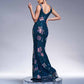 Floral Sequin V-Neck Gown Mermaid Long Prom Ball Gown Evening Dress