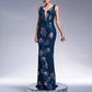 Floral Sequin V-Neck Gown Mermaid Long Prom Ball Gown Evening Dress