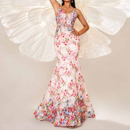 Pink Floral Spaghetti Strap Prom Dress Mermaid Wrap Ball Gowns Long Maxi Dress
