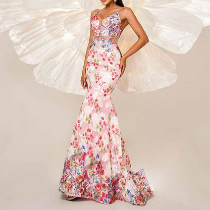 Pink Floral Spaghetti Strap Prom Dress Mermaid Wrap Ball Gowns Long Maxi Dress