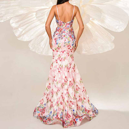 Pink Floral Spaghetti Strap Prom Dress Mermaid Wrap Ball Gowns Long Maxi Dress
