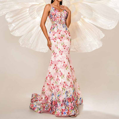 Pink Floral Spaghetti Strap Prom Dress Mermaid Wrap Ball Gowns Long Maxi Dress