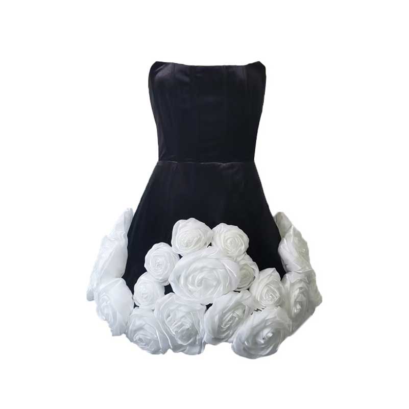 Flower-embellished Hem Black Strapless Mini dress