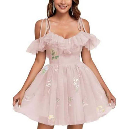 Flower Embroidery Tulle Homecoming Dresses Short Formal Prom Cocktail Dress