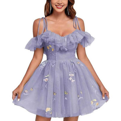 Flower Embroidery Tulle Homecoming Dresses Short Formal Prom Cocktail Dress