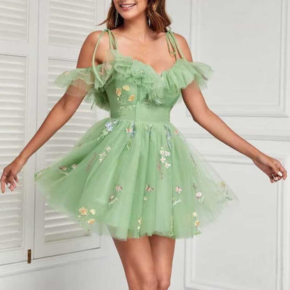 Flower Embroidery Tulle Homecoming Dresses Short Formal Prom Cocktail Dress