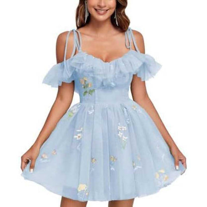 Flower Embroidery Tulle Homecoming Dresses Short Formal Prom Cocktail Dress