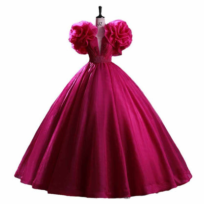 Fuchsia Beading Prom Dress Ball Gown Scoop Neck Ruffle Backless Long Formal Dress