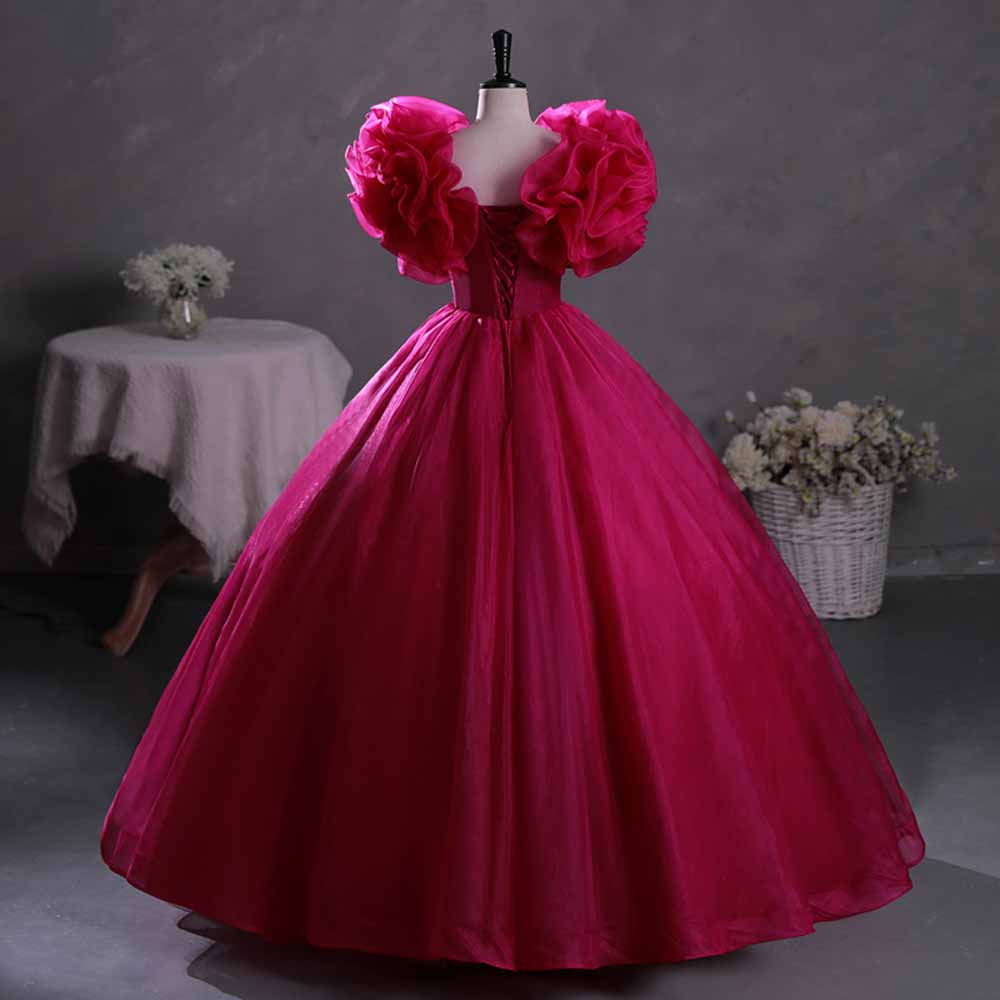 Fuchsia Beading Prom Dress Ball Gown Scoop Neck Ruffle Backless Long Formal Dress