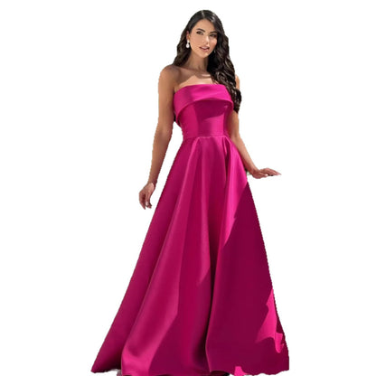 Fuchsia Pink Satin Strapless Maxi Dress | Elegant Formal Evening Gown