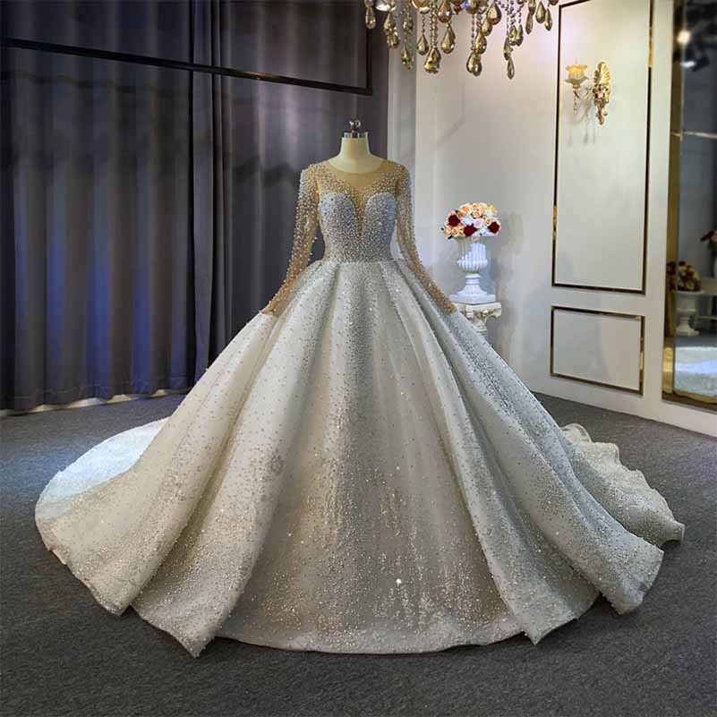 Full Pearls Wedding Dresses Train Long Sleeve Luxurious Bridal Dress