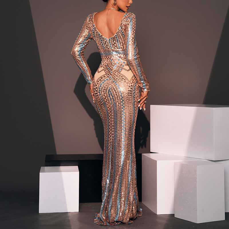 Long Sleeve Mermaid Gold Prom Dress Sequined Evening Gown Event Dress