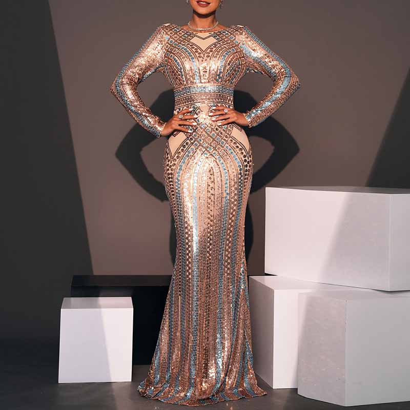 Long Sleeve Mermaid Gold Prom Dress Sequined Evening Gown Event Dress