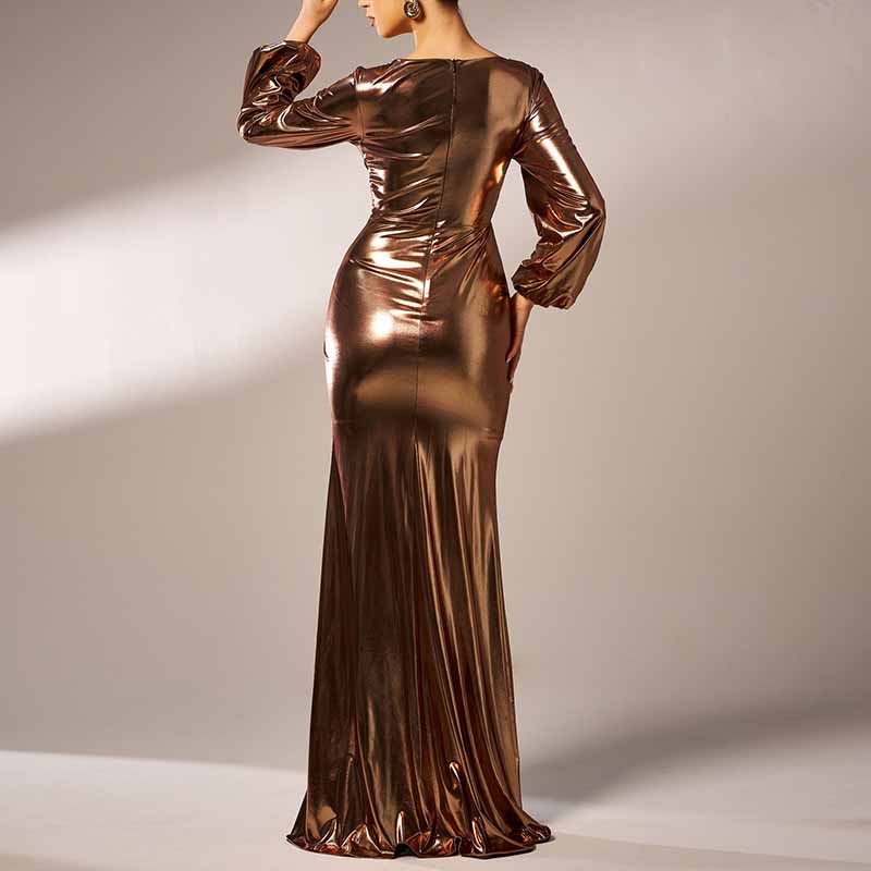 Gilding Bronze Prom Dress V-Neck High Split Long Evening Dress