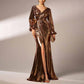 Gilding Bronze Prom Dress V-Neck High Split Long Evening Dress