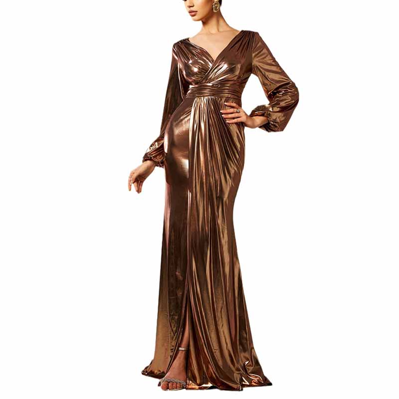 Gilding Bronze Prom Dress V-Neck High Split Long Evening Dress