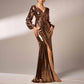 Gilding Bronze Prom Dress V-Neck High Split Long Evening Dress