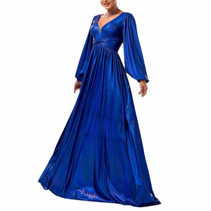 Gilding Royal Blue Prom Dress V-Neck A-Line Evening Dress With Sleeves