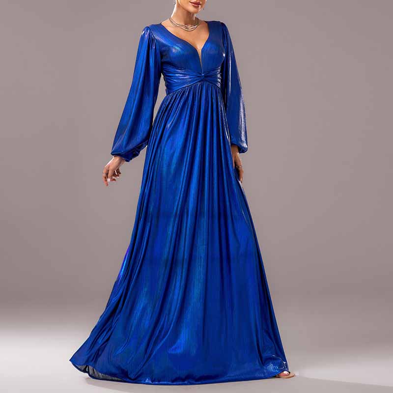 Gilding Royal Blue Prom Dress V-Neck A-Line Evening Dress With Sleeves