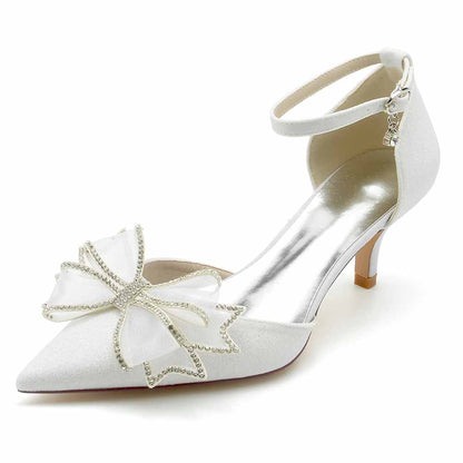 Glitter bridal shoes low heel with elegant bow and ankle strap for stylish weddings