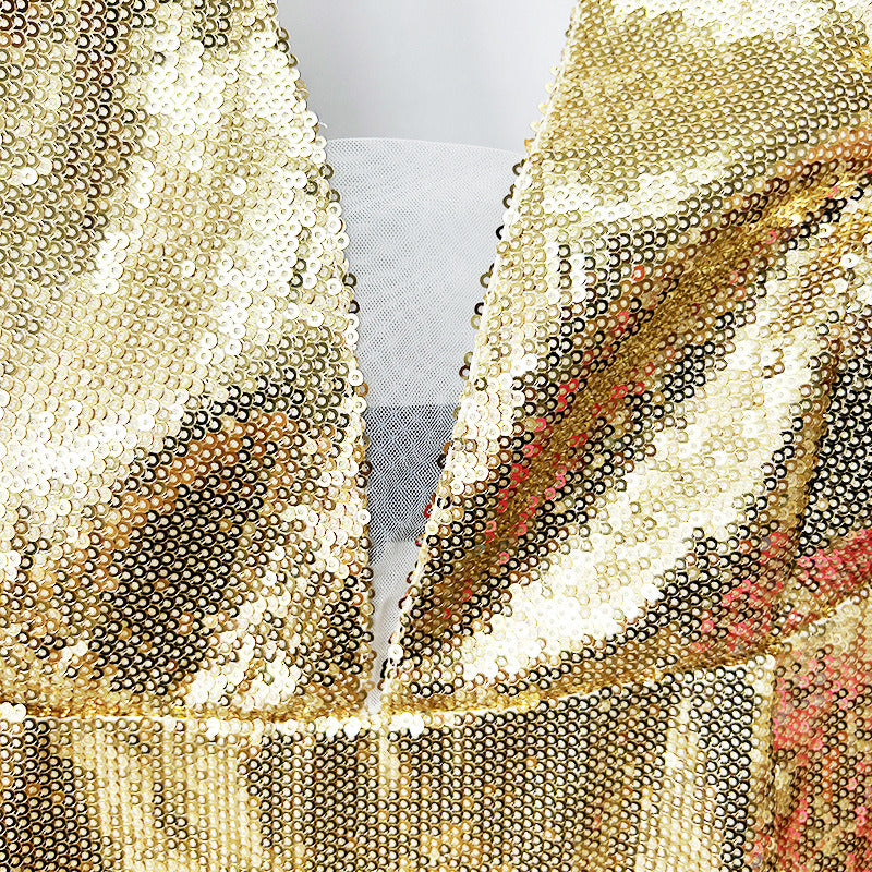 Gold Halter Deep V-Neck Sequin Maxi Dress – Sleeveless Glam Evening Gown for Parties & Formal Events