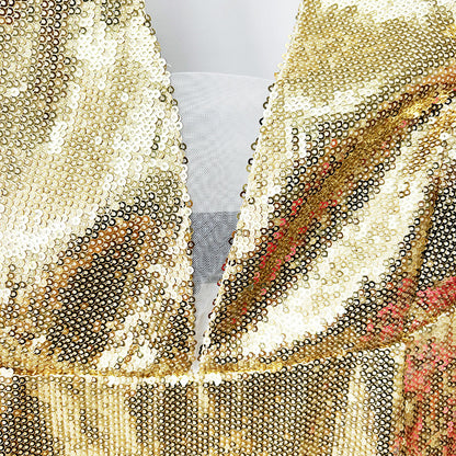 Gold Halter Deep V-Neck Sequin Maxi Dress – Sleeveless Glam Evening Gown for Parties & Formal Events