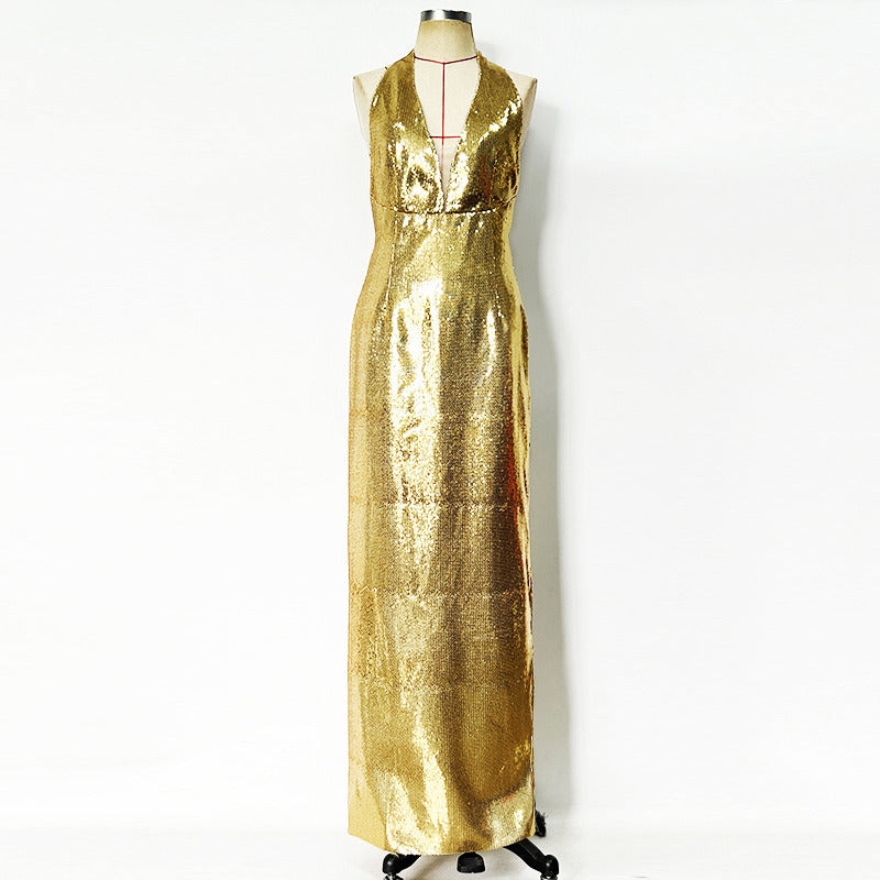 Gold Halter Deep V-Neck Sequin Maxi Dress – Sleeveless Glam Evening Gown for Parties & Formal Events