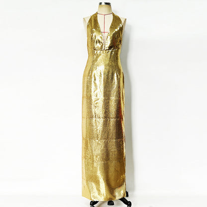 Gold Halter Deep V-Neck Sequin Maxi Dress – Sleeveless Glam Evening Gown for Parties & Formal Events