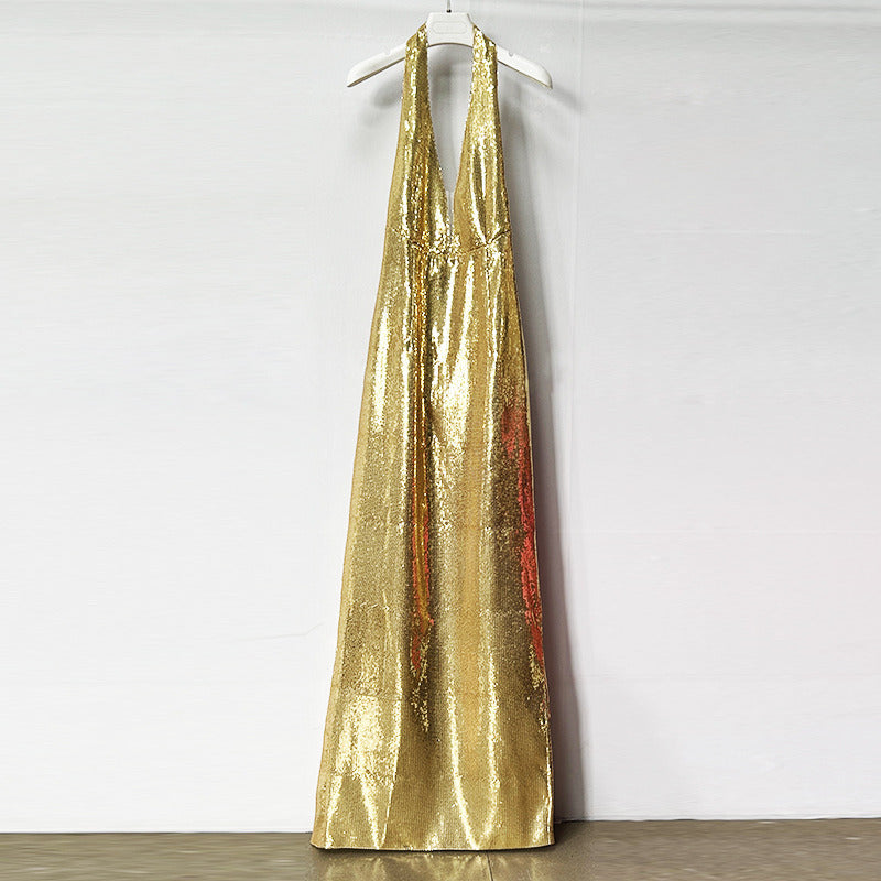 Gold Halter Deep V-Neck Sequin Maxi Dress – Sleeveless Glam Evening Gown for Parties & Formal Events