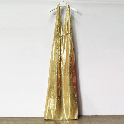 Gold Halter Deep V-Neck Sequin Maxi Dress – Sleeveless Glam Evening Gown for Parties & Formal Events