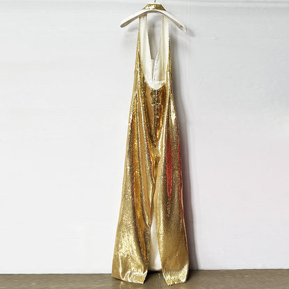 Gold Halter Deep V-Neck Sequin Maxi Dress – Sleeveless Glam Evening Gown for Parties & Formal Events