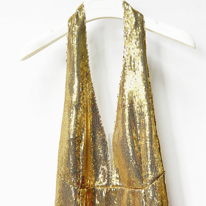 Gold Halter Deep V-Neck Sequin Maxi Dress – Sleeveless Glam Evening Gown for Parties & Formal Events