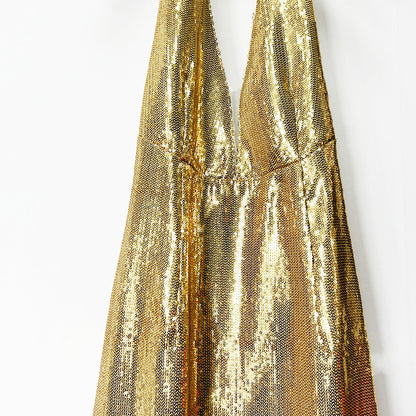 Gold Halter Deep V-Neck Sequin Maxi Dress – Sleeveless Glam Evening Gown for Parties & Formal Events