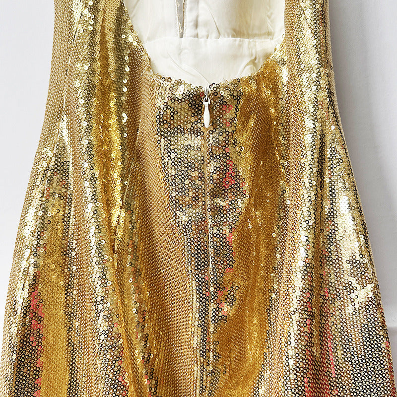 Gold Halter Deep V-Neck Sequin Maxi Dress – Sleeveless Glam Evening Gown for Parties & Formal Events