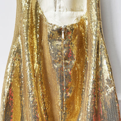 Gold Halter Deep V-Neck Sequin Maxi Dress – Sleeveless Glam Evening Gown for Parties & Formal Events